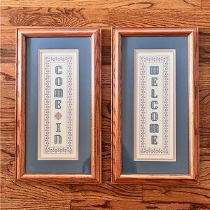 Handmade Cross-Stitch Framed Art Set of 2 | Welcome Sign | Entryway Decor